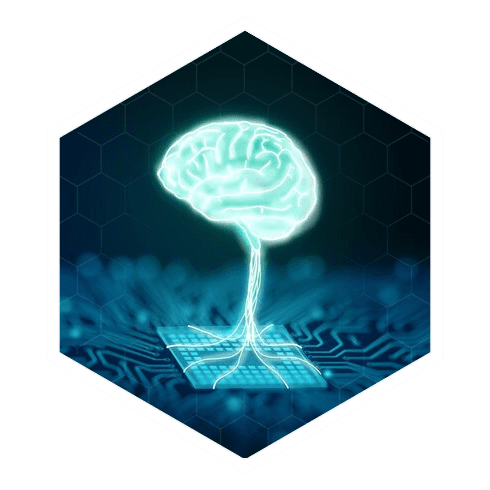 Ilustração de um cérebro digital dentro de um hexágono, representando a expertise da Neture
