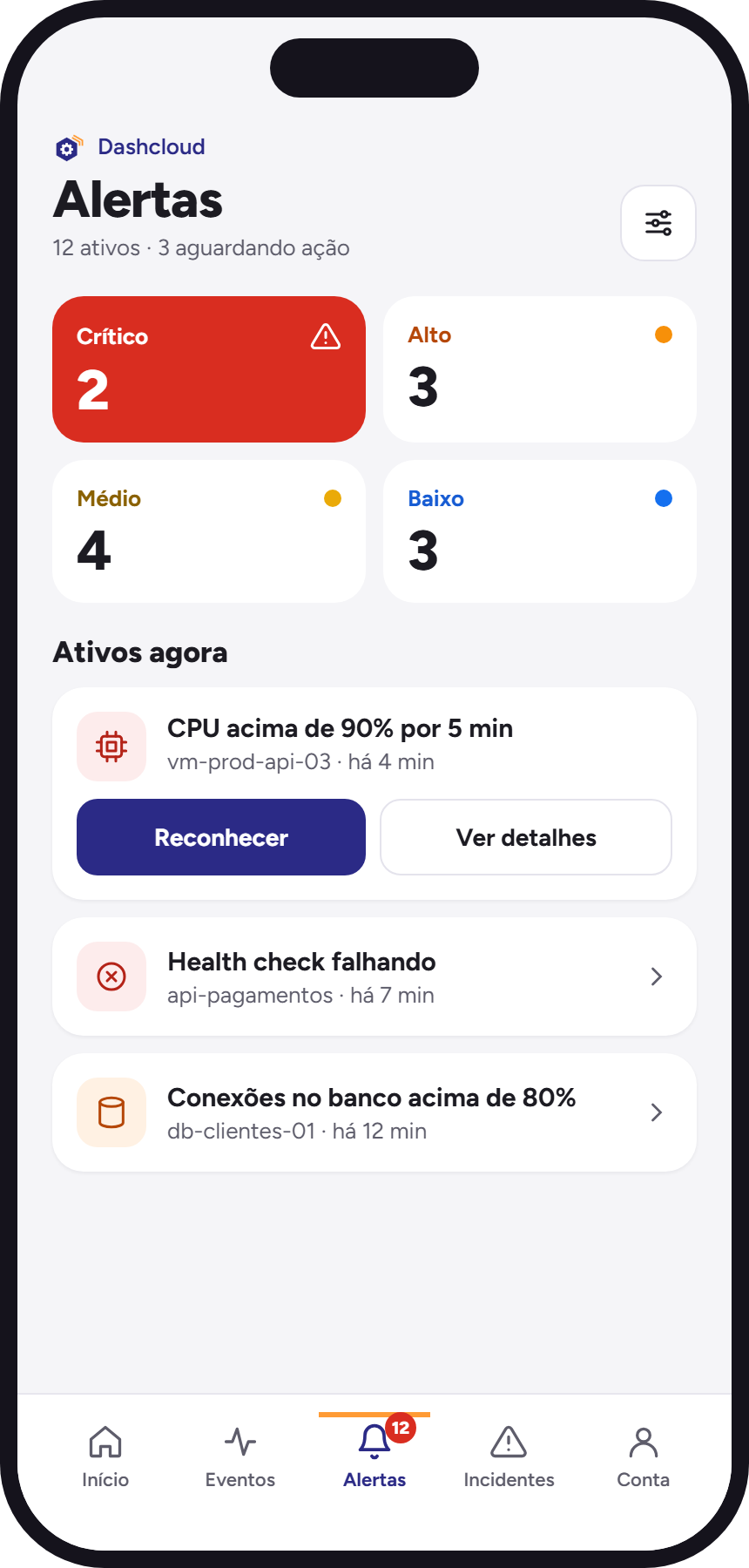 App Neture com os alertas ativos separados por severidade