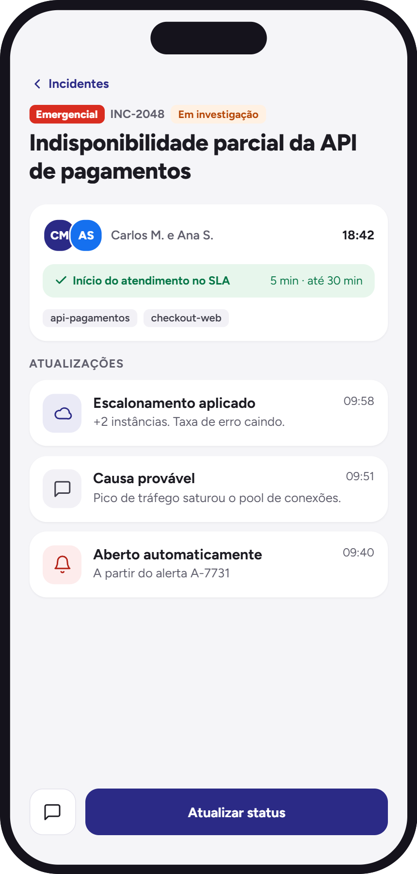 Detalhe de um incidente no App Neture, com prioridade, responsáveis, SLA e linha do tempo das atualizações