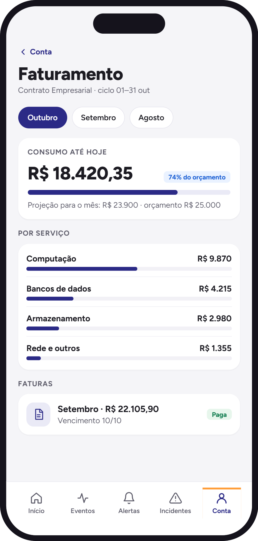 Tela de faturamento do App Neture, com o consumo do mês, os gastos por serviço e as faturas emitidas