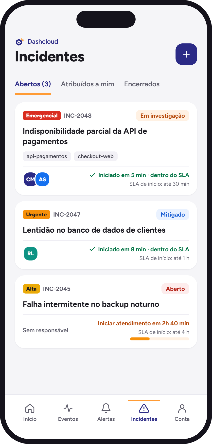 App Neture com a lista de incidentes abertos e o SLA de início de cada um
