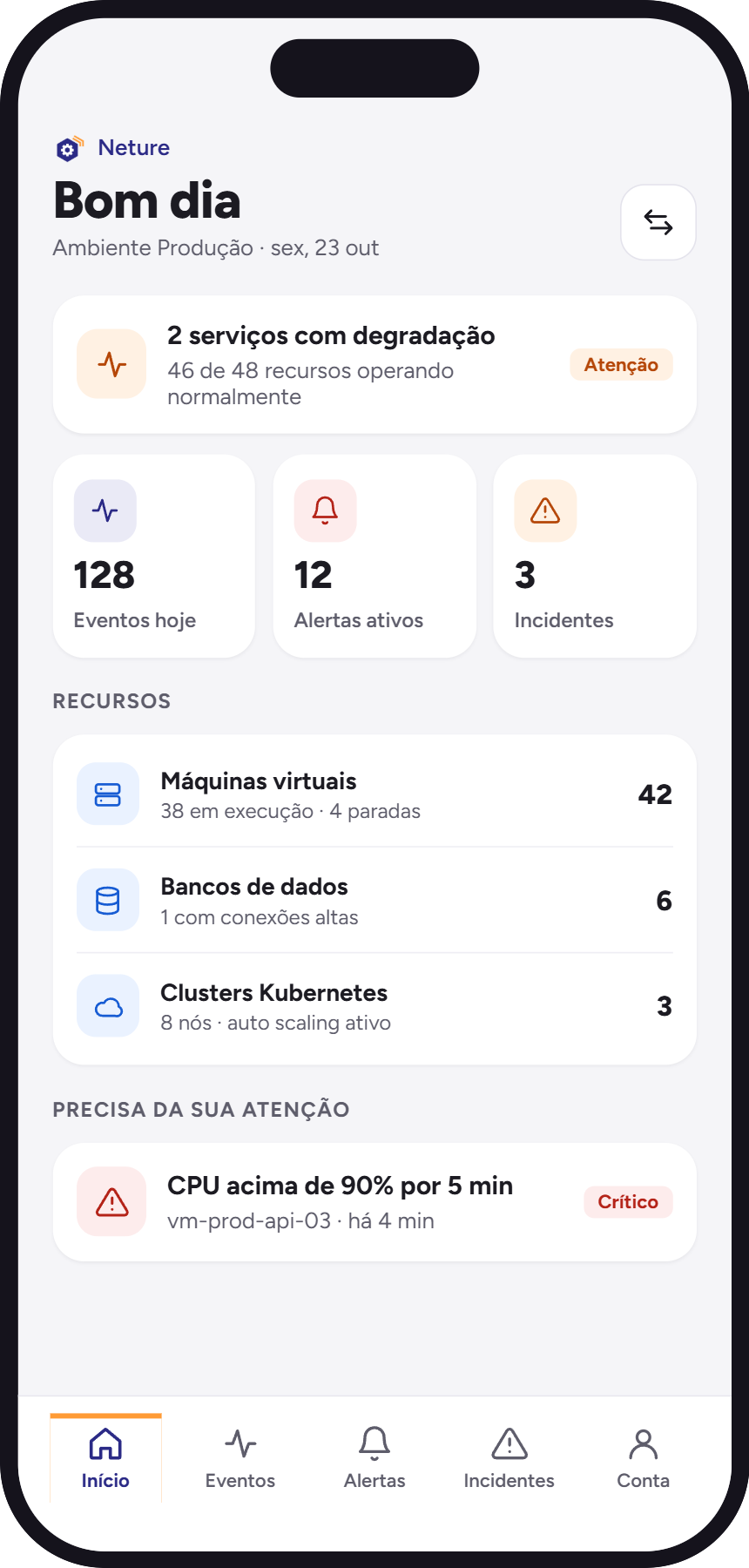 Tela inicial do App Neture com a saúde do ambiente, eventos, alertas, incidentes e recursos